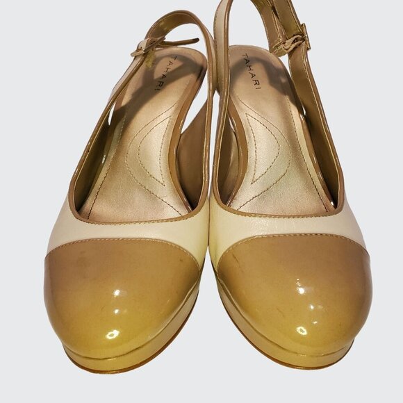 Tahari "London" Two Tone Tan Cream Patent Leather Slingback Women's Size 8.5M - Picture 3 of 15